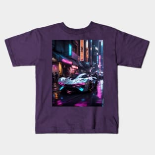 Futuristic car in a cyberpunk neon city Kids T-Shirt